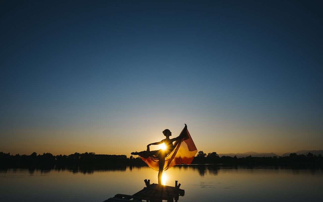 ballerina, lake, sunset