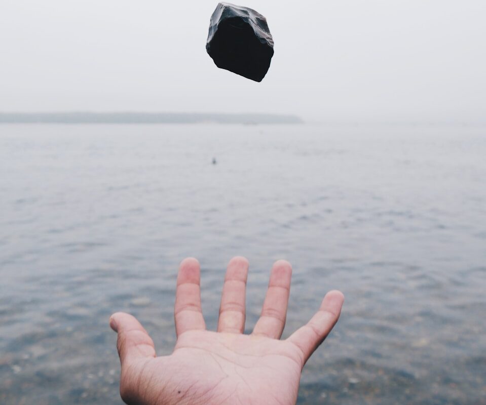 person throwing black stone on water